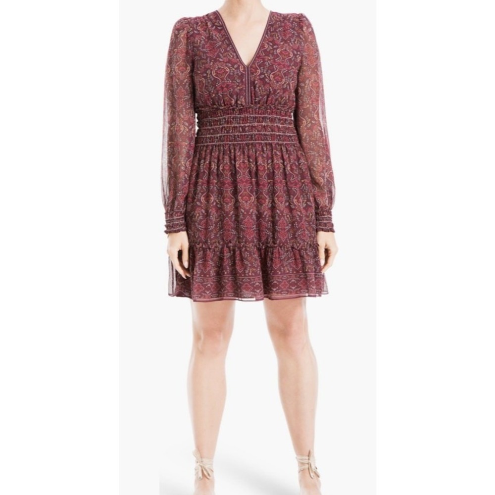 Max Studio Burgandy Geometric Floral Print Smocked Waist‎ Dress Size Medium NWT